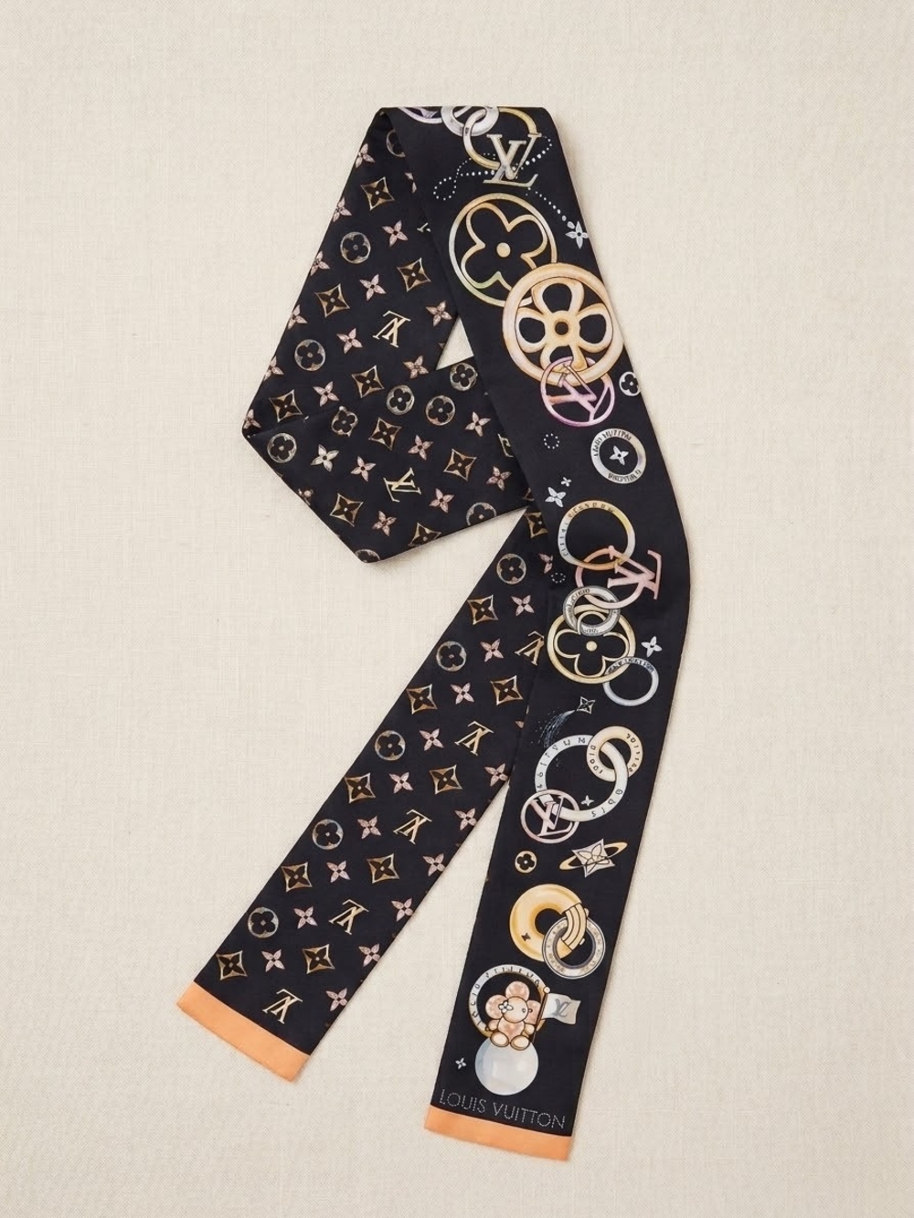 Black Silk Twilly with Gold and Pink Accents